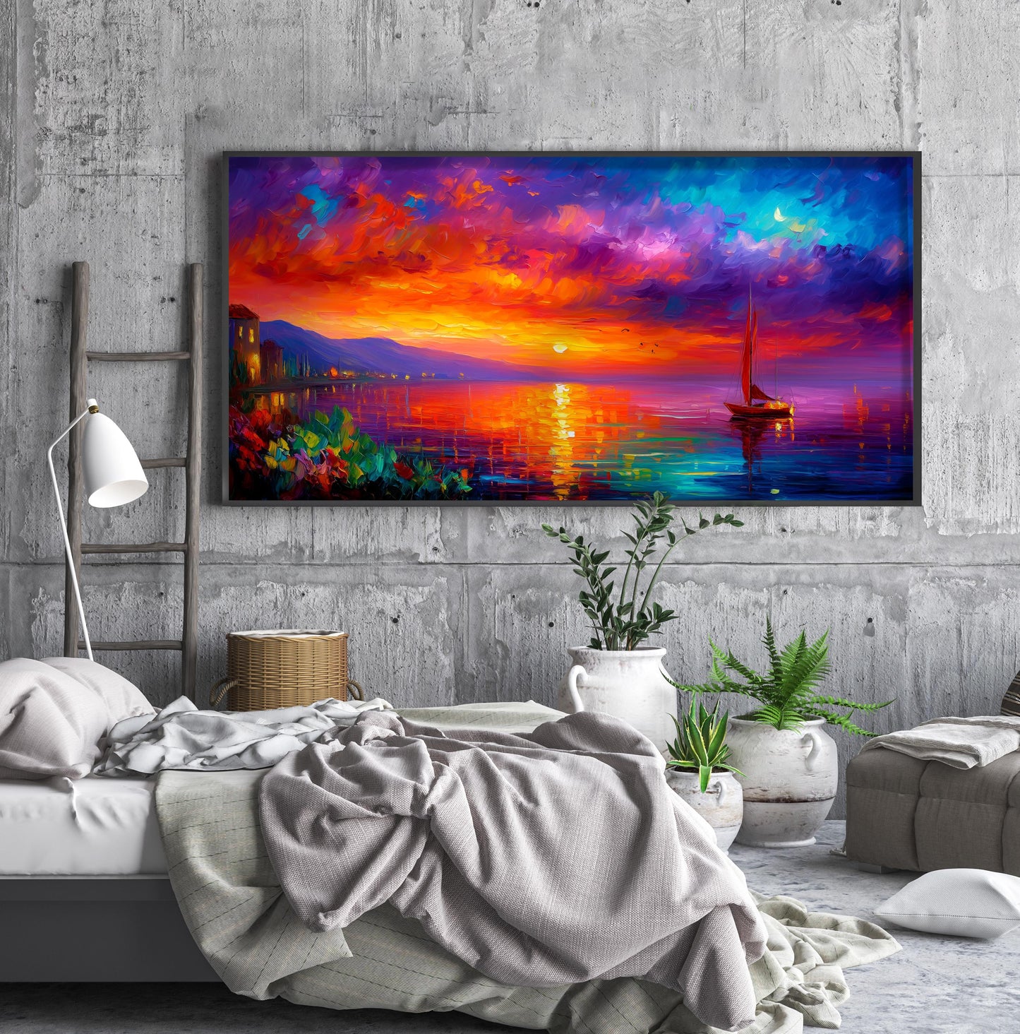 Sunset Seascape Art Print – Panoramic Sailboat Wall Art – Colourful Ocean Painting