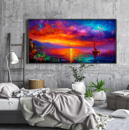 Sunset Seascape Art Print – Panoramic Sailboat Wall Art – Colourful Ocean Painting