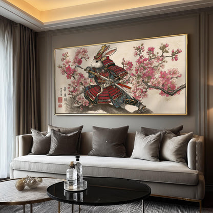 Samurai Rabbit Panoramic Print: Japanese Cherry Blossom Wall Art
