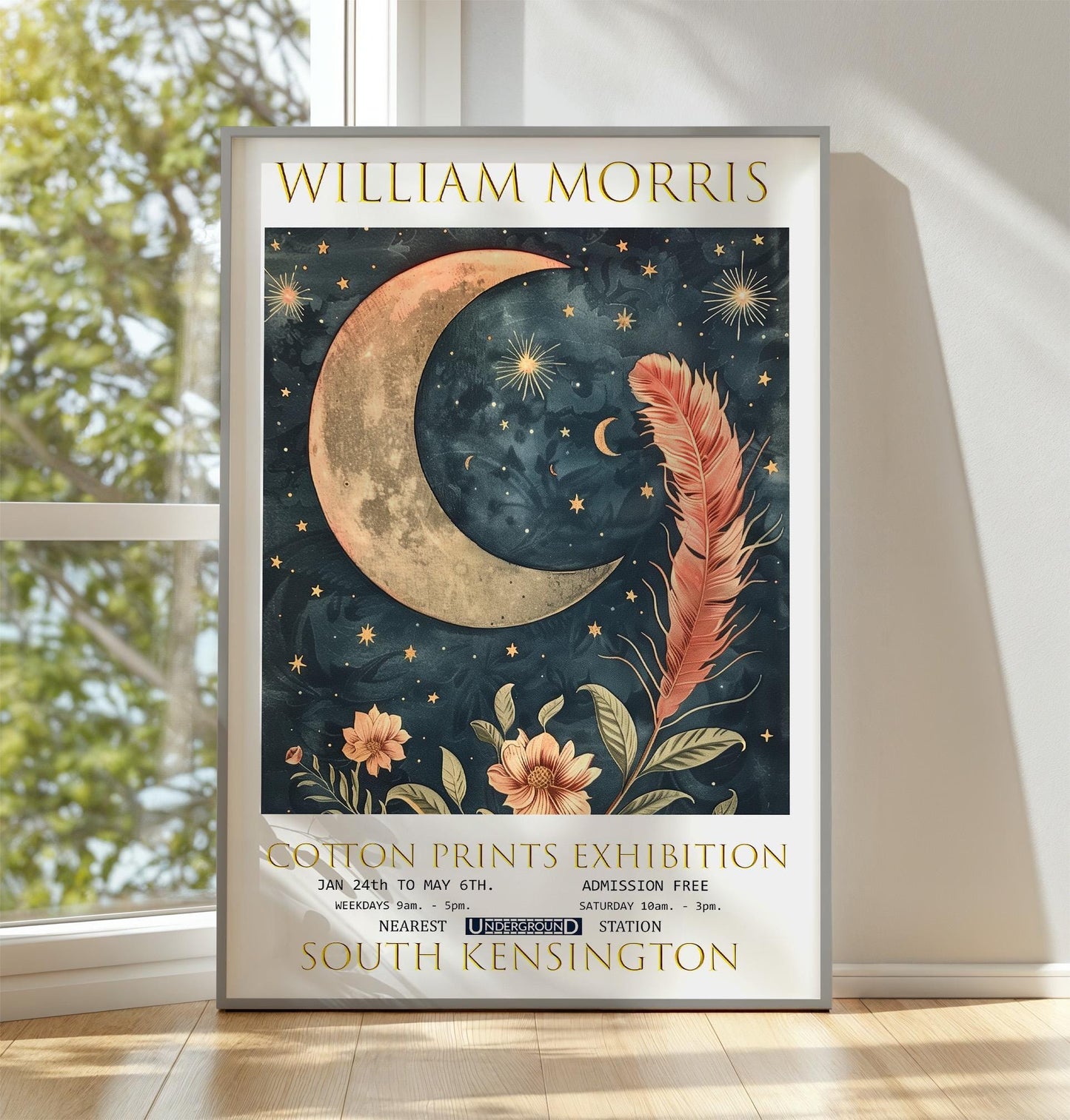 Vintage Celestial Wall Art – William Morris Print With Moon & Feather Design