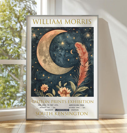 Vintage Celestial Wall Art – William Morris Print With Moon & Feather Design