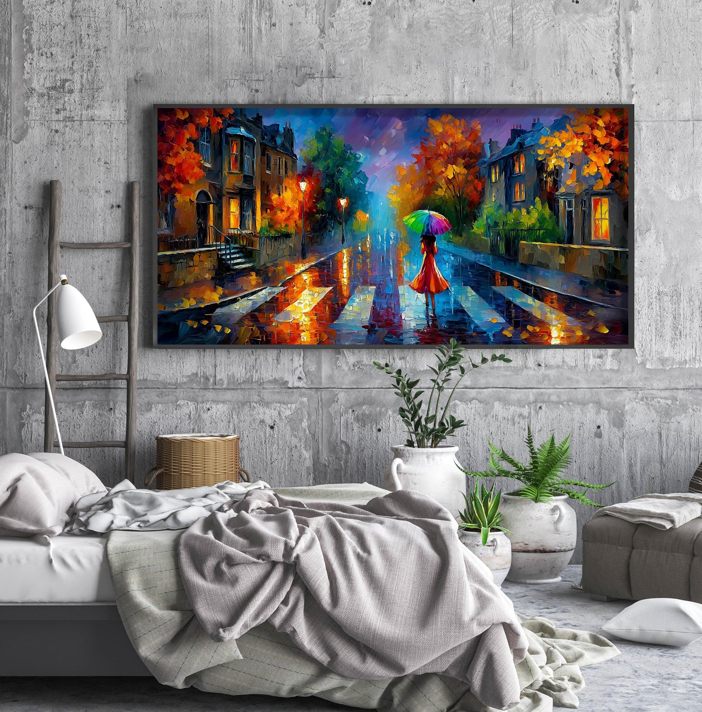 Abbey Road London Print – Rainy London Wall Art – Colourful Umbrella Panoramic Print