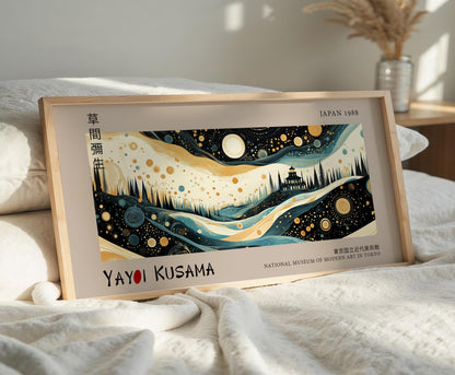 Japanese Panoramic Print | Yayoi Kusama Inspired Art | Japandi Wall Decor | Abstract Starry Landscape | Starry Night Art