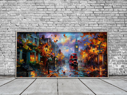 London Panoramic Print – Big Ben Wall Art – Rainy London Street Art