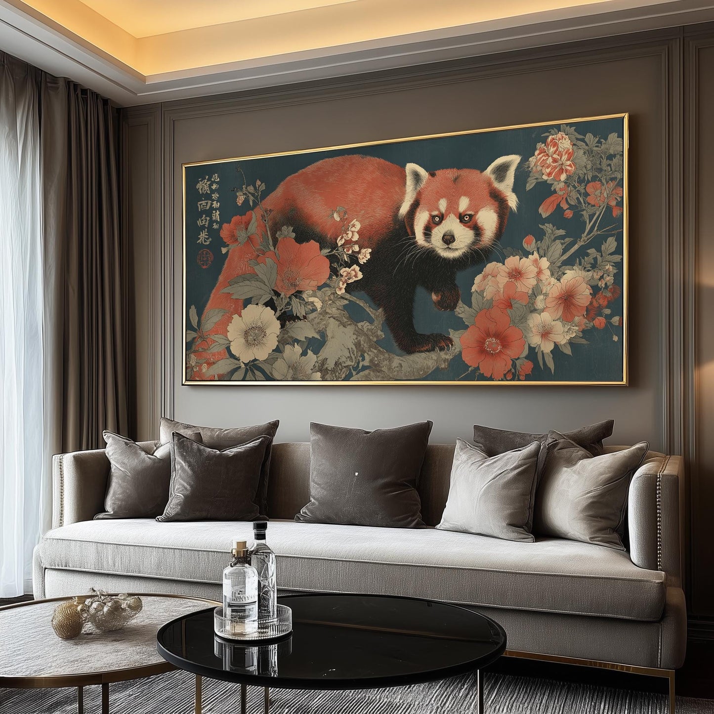 Japanese Red Panda Panoramic Art Print - Wabi sabi Floral Poster, Japandi Woodblock Décor, Ukiyo-e Animal Décor Artwork for Living Room