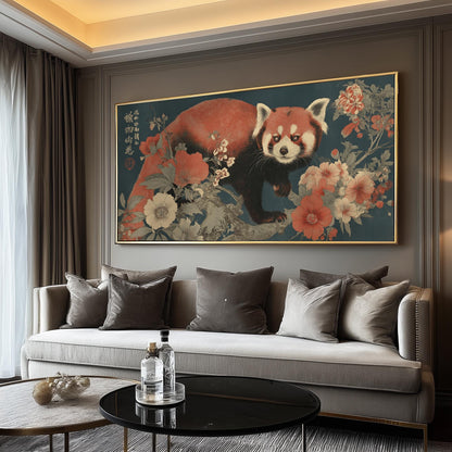 Japanese Red Panda Panoramic Art Print - Wabi sabi Floral Poster, Japandi Woodblock Décor, Ukiyo-e Animal Décor Artwork for Living Room