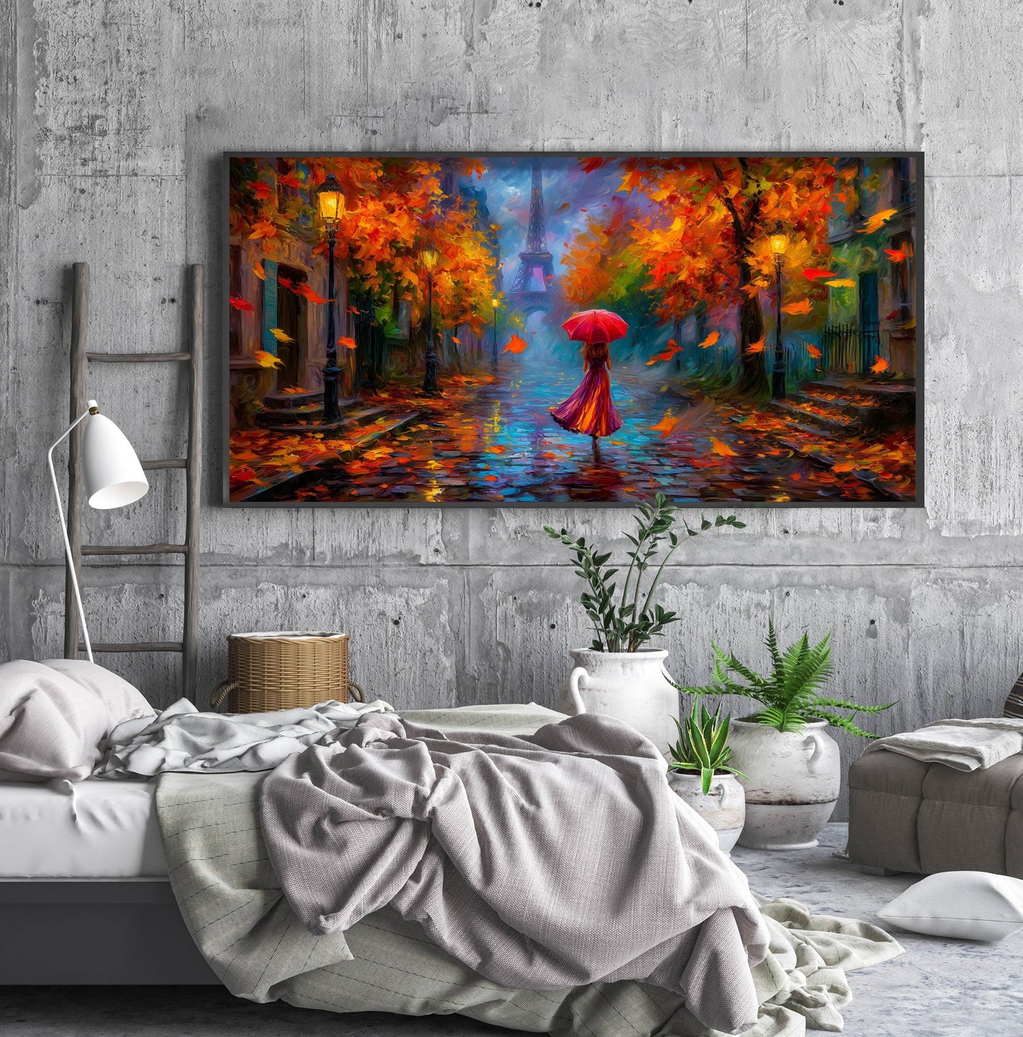 Eiffel Tower Panoramic Print, Rainy Paris Art, Impressionist Oil Painting Style