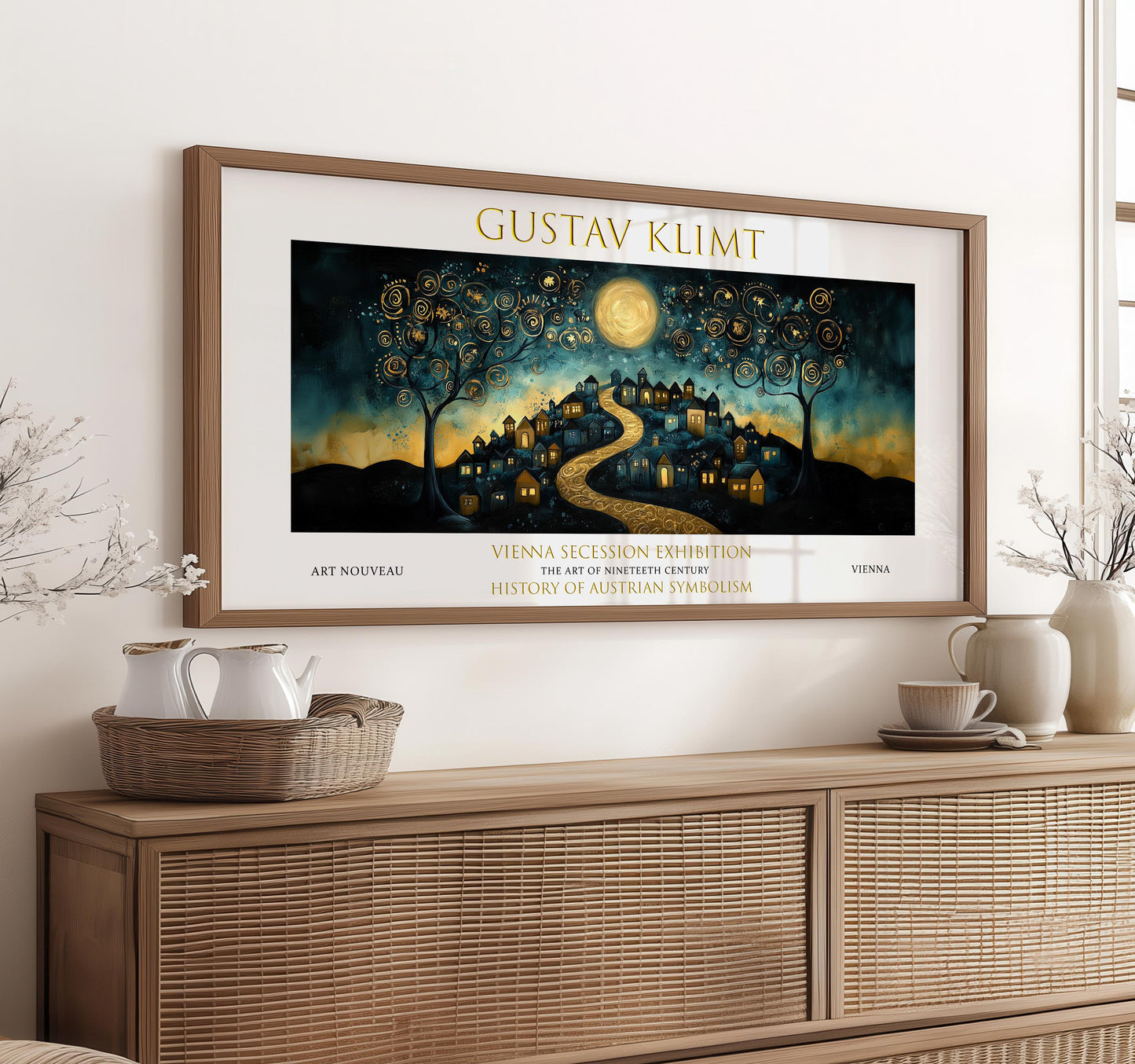 Gustav Klimt Starry Night Village Print: Art Nouveau Golden Landscape