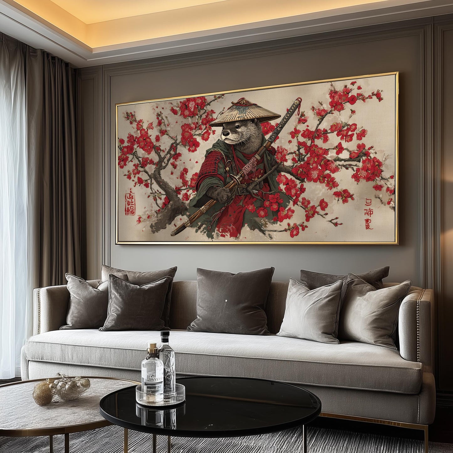 Samurai Otter Print: Japanese Ukiyo-e Art, Cherry Blossoms