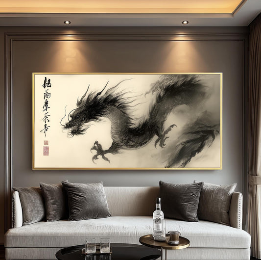 Chinese Dragon Panoramic Print: Vintage Ink Painting Art