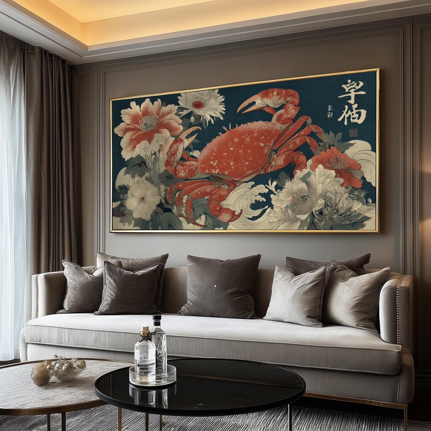 Japanese Crab Art Print: Ukiyo-e Floral Seascape