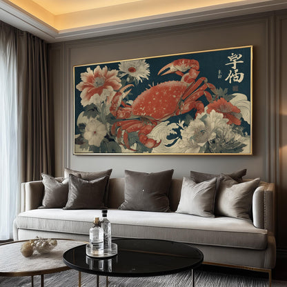Japanese Crab Art Print: Ukiyo-e Floral Seascape