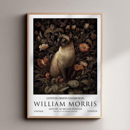 Siamese Cat Art Print, William Morris Style Floral Poster, Vintage Wall Art
