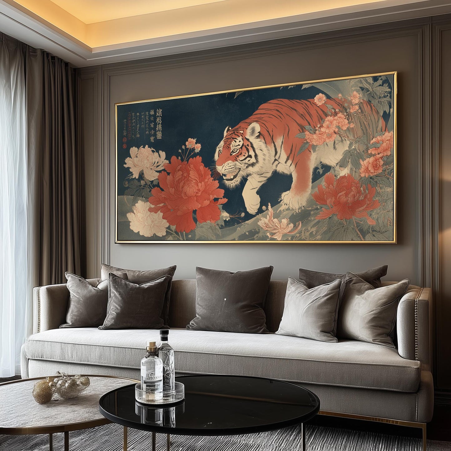 Japanese Tiger Art Print – Floral Décor – Large Panoramic Art Navy Blue Wall Art