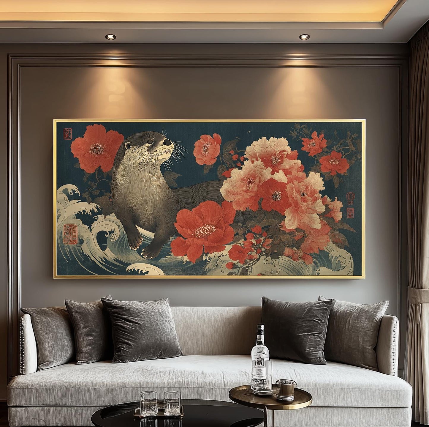 Japanese Otter Art Print – Ukiyo-e Floral Wildlife Artwork