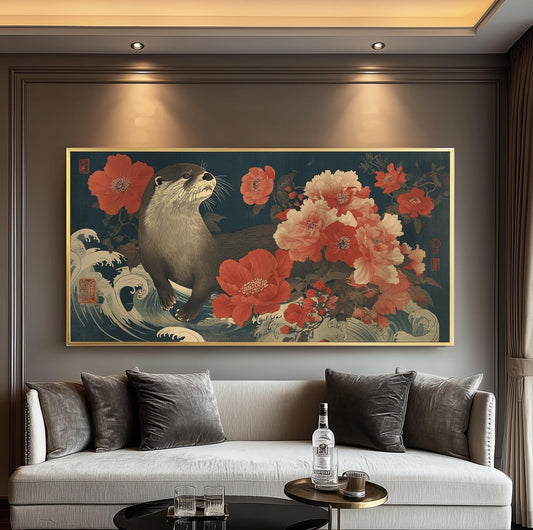 Japanese Otter Art Print – Ukiyo-e Floral Wildlife Artwork
