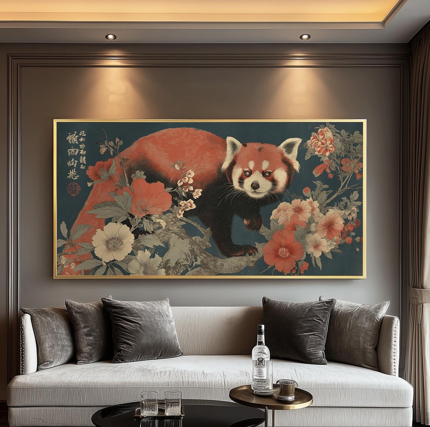 Japanese Red Panda Panoramic Art Print - Wabi sabi Floral Poster, Japandi Woodblock Décor, Ukiyo-e Animal Décor Artwork for Living Room