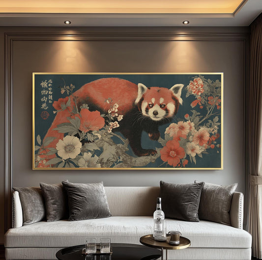 Japanese Red Panda Panoramic Art Print - Wabi sabi Floral Poster, Japandi Woodblock Décor, Ukiyo-e Animal Décor Artwork for Living Room