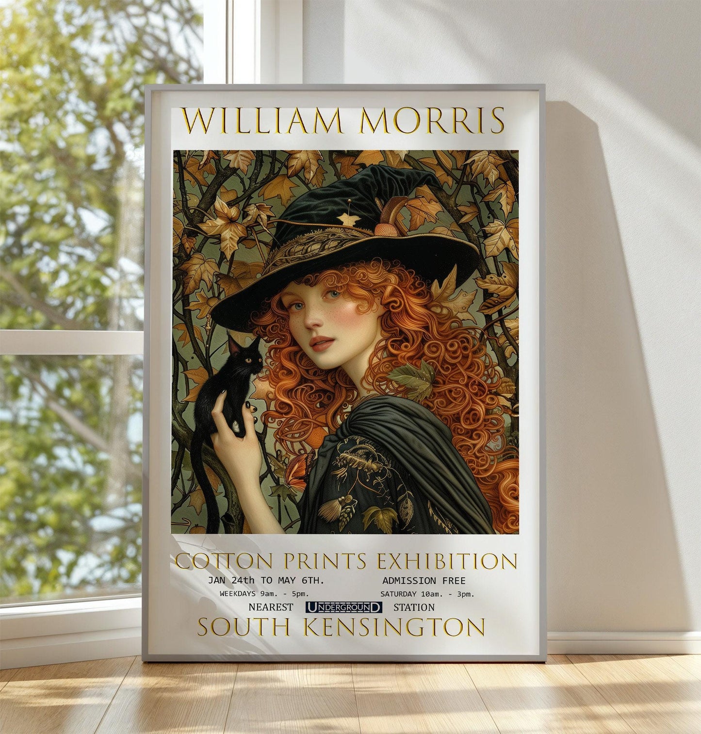 William Morris Print Gothic Witch & Black Cat Poster – Vintage Art Poster On Premium Matte Paper
