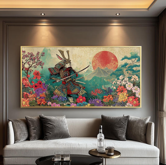 Samurai Rabbit Art Print: Japanese Ukiyo-e, Cherry Blossoms