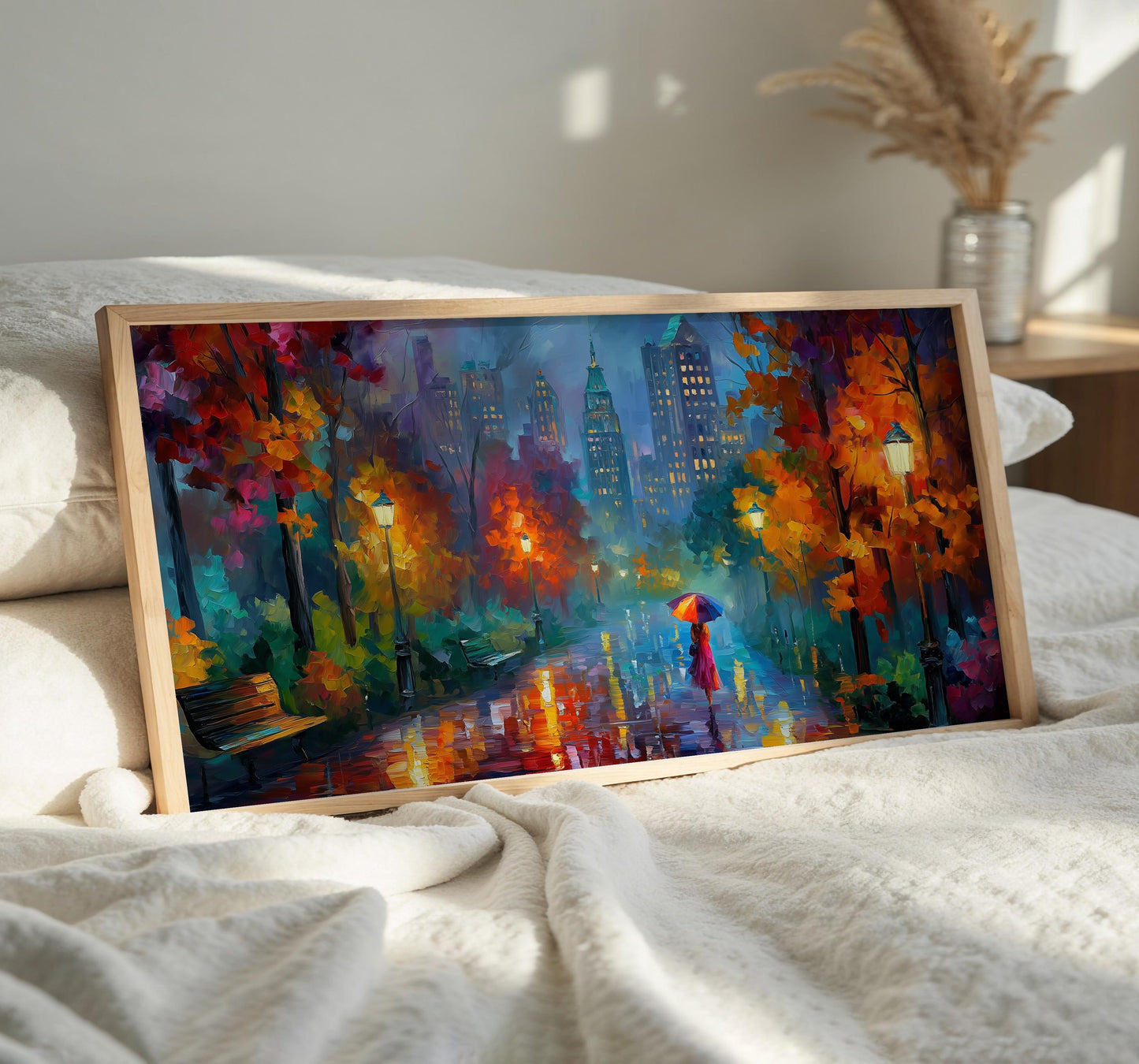 New York Panoramic Print, Rainy City Wall Art, Colourful Umbrella Art, Autumn Skyline, Impressionist Oil Painting