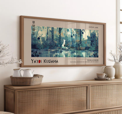 Panoramic print, Japanese fox wildlife art, woodblock style wall art