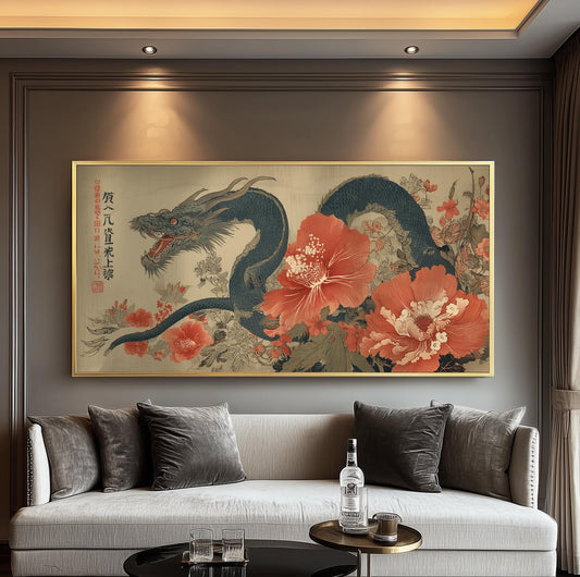 Japanese Dragon Panoramic Print – Ukiyo-e Floral Mythical Wall Art