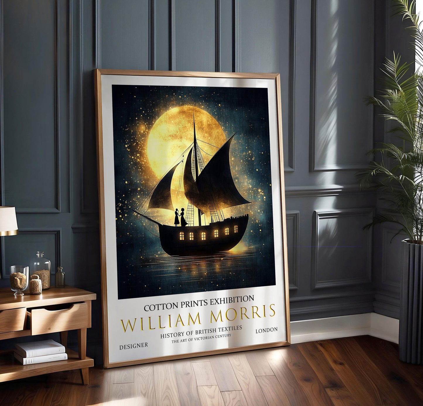 William Morris Print: Vintage Sailboat & Moon Art