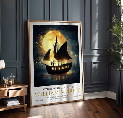 William Morris Print: Vintage Sailboat & Moon Art