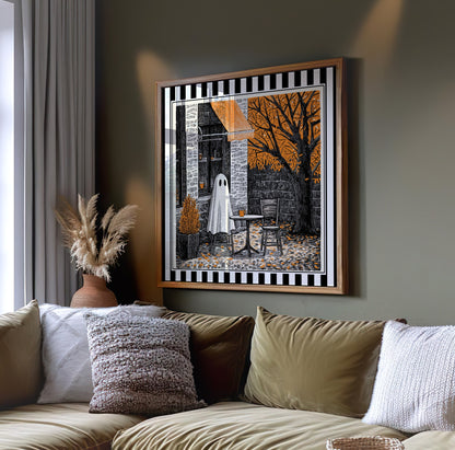 Autumn ghost café wall art displayed on a dark green wall above a sofa