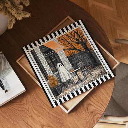 Square autumn ghost café print displayed flat on a wooden table
