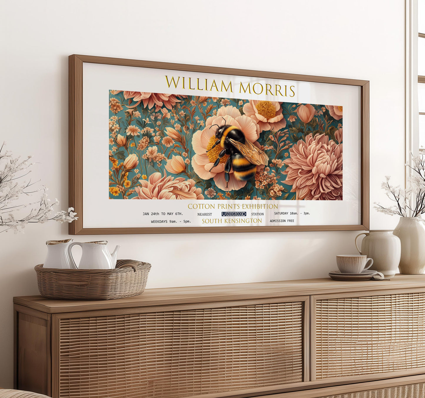 Print: William Morris Bee, Vintage Botanical Panoramic Wall Art
