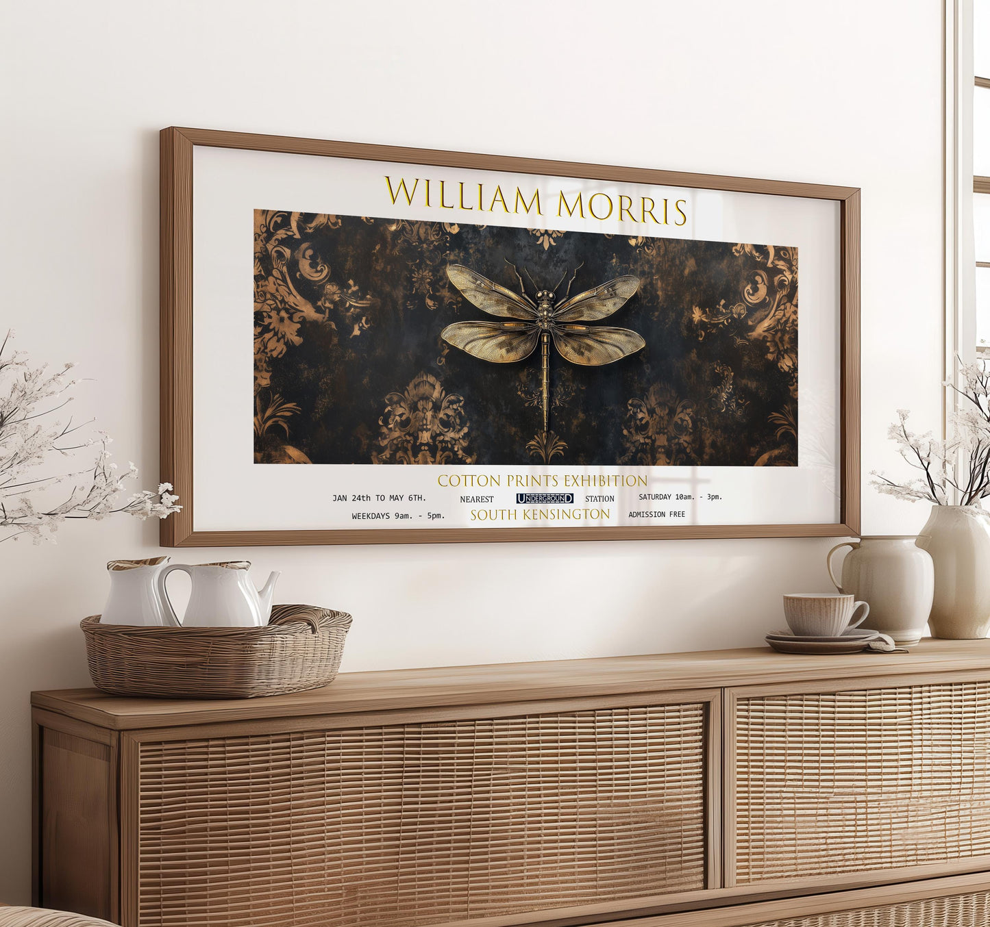 Panoramic Print, William Morris Dragonfly, Botanical Vintage Wall Art