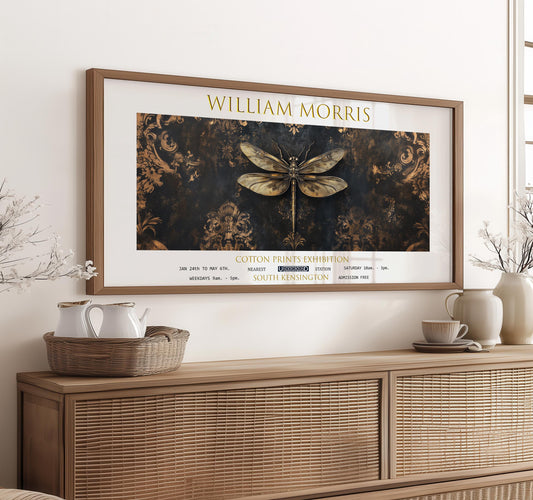 Panoramic Print, William Morris Dragonfly, Botanical Vintage Wall Art