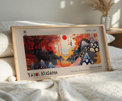 Japanese Landscape Panoramic Art – Red Sun Print – Abstract Wall Art
