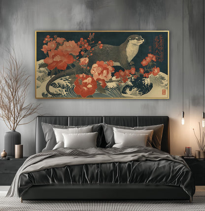 Vintage Otter Poster, Ukiyo-e Floral Art, Japanese Panorama Wall Art