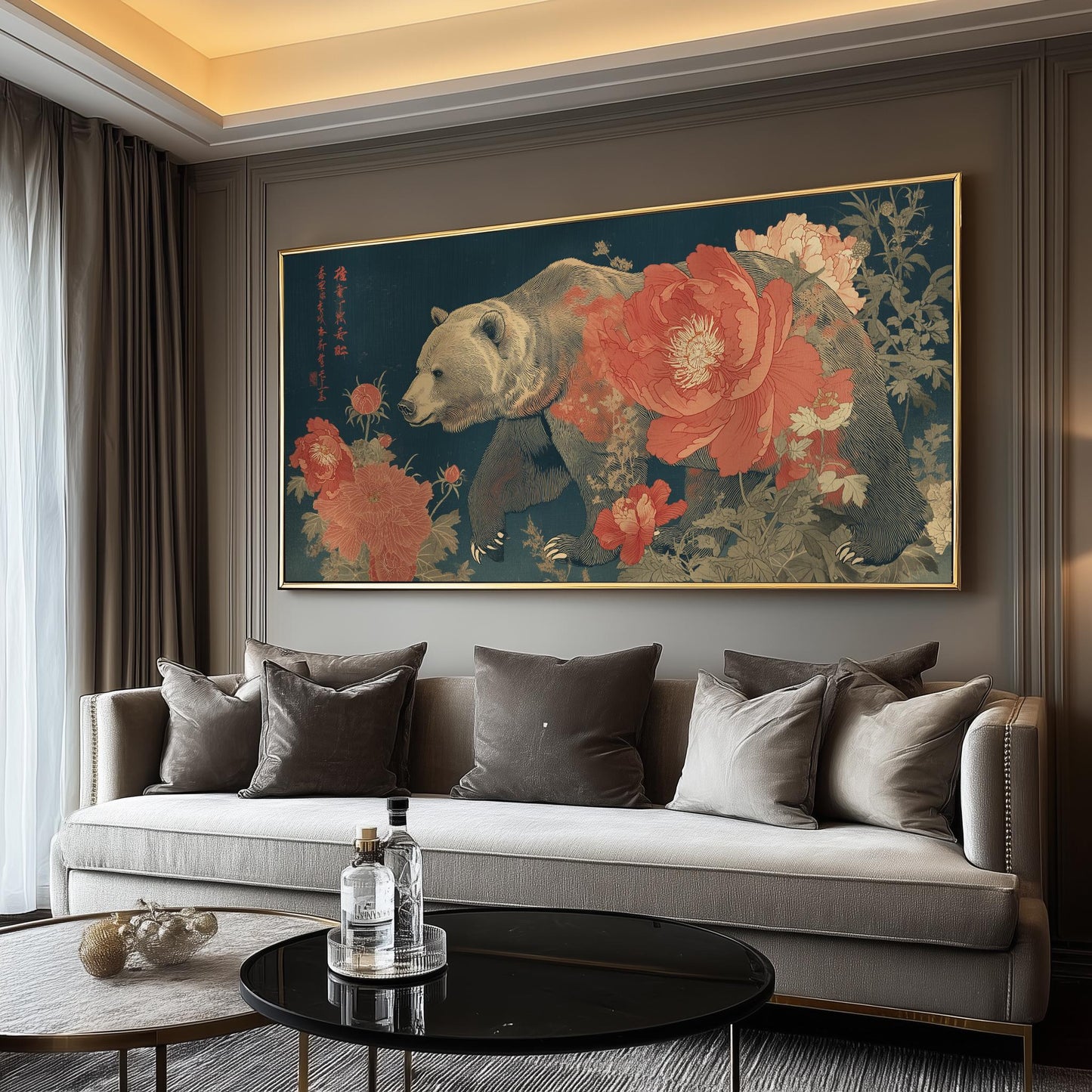 Japanese Bear Art Print: Ukiyo-e Floral Woodblock, Botanical Wildlife