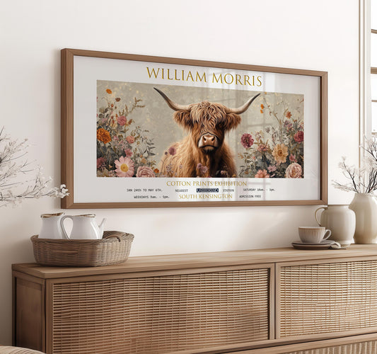 William Morris Highland Cow Print: Vintage Floral Panoramic Wall Art