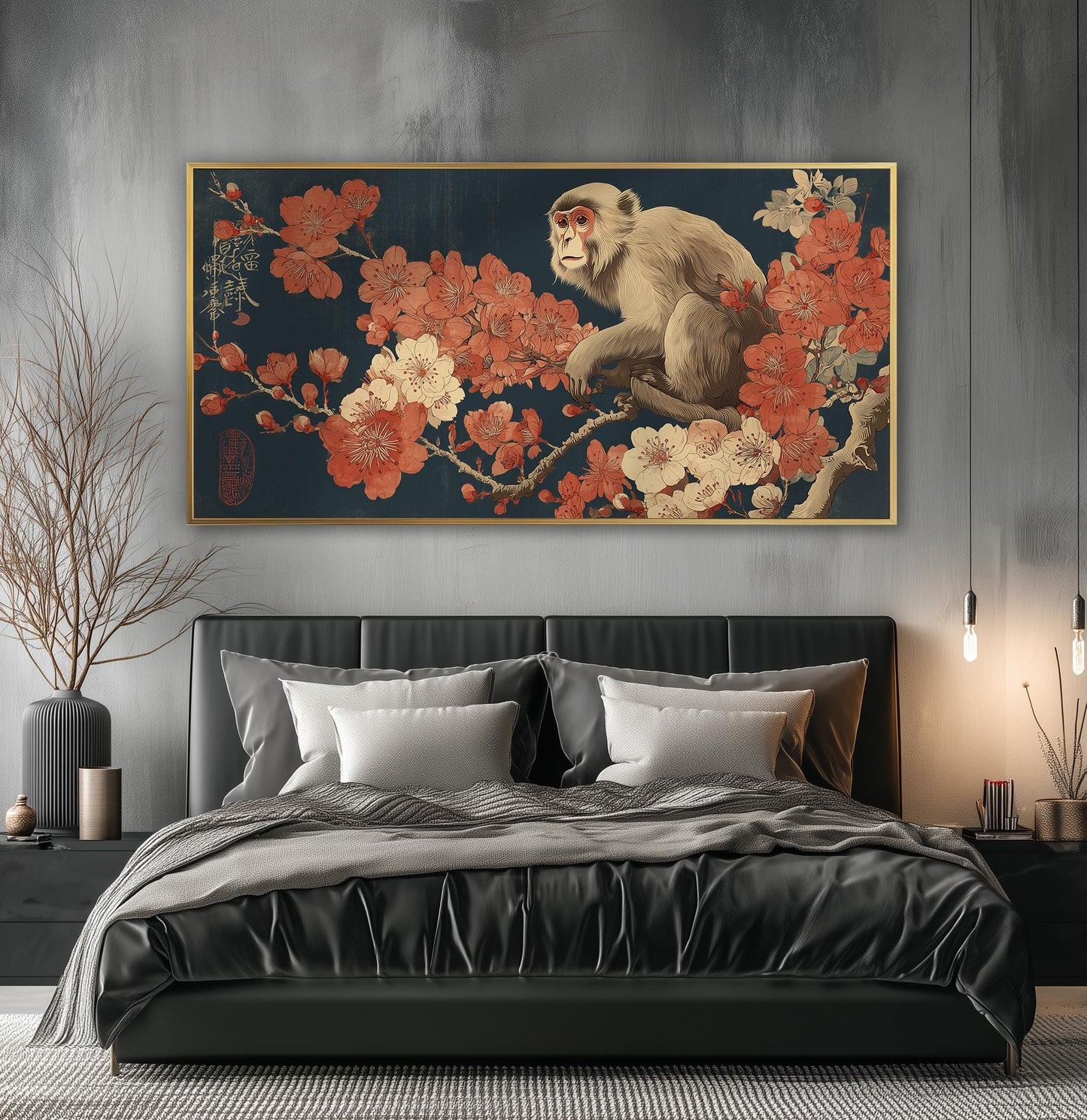 Japanese Monkey Art Print: Ukiyo-e Cherry Blossom Wall Decor