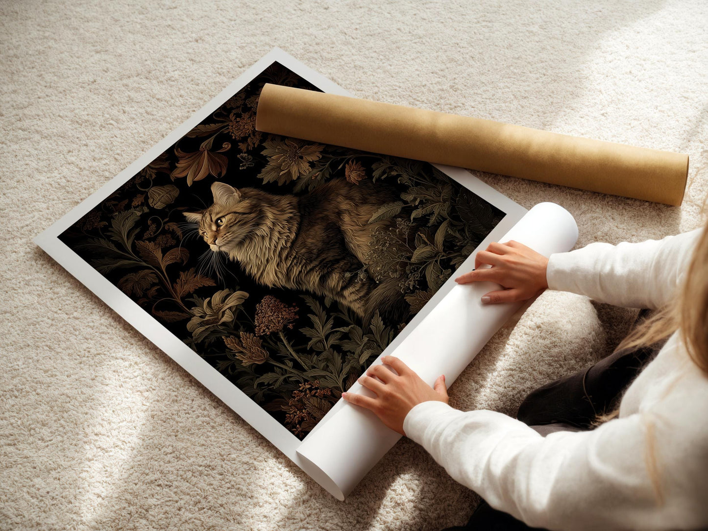 Poster Print, Maine Coon Cat, William Morris Floral Wall Art