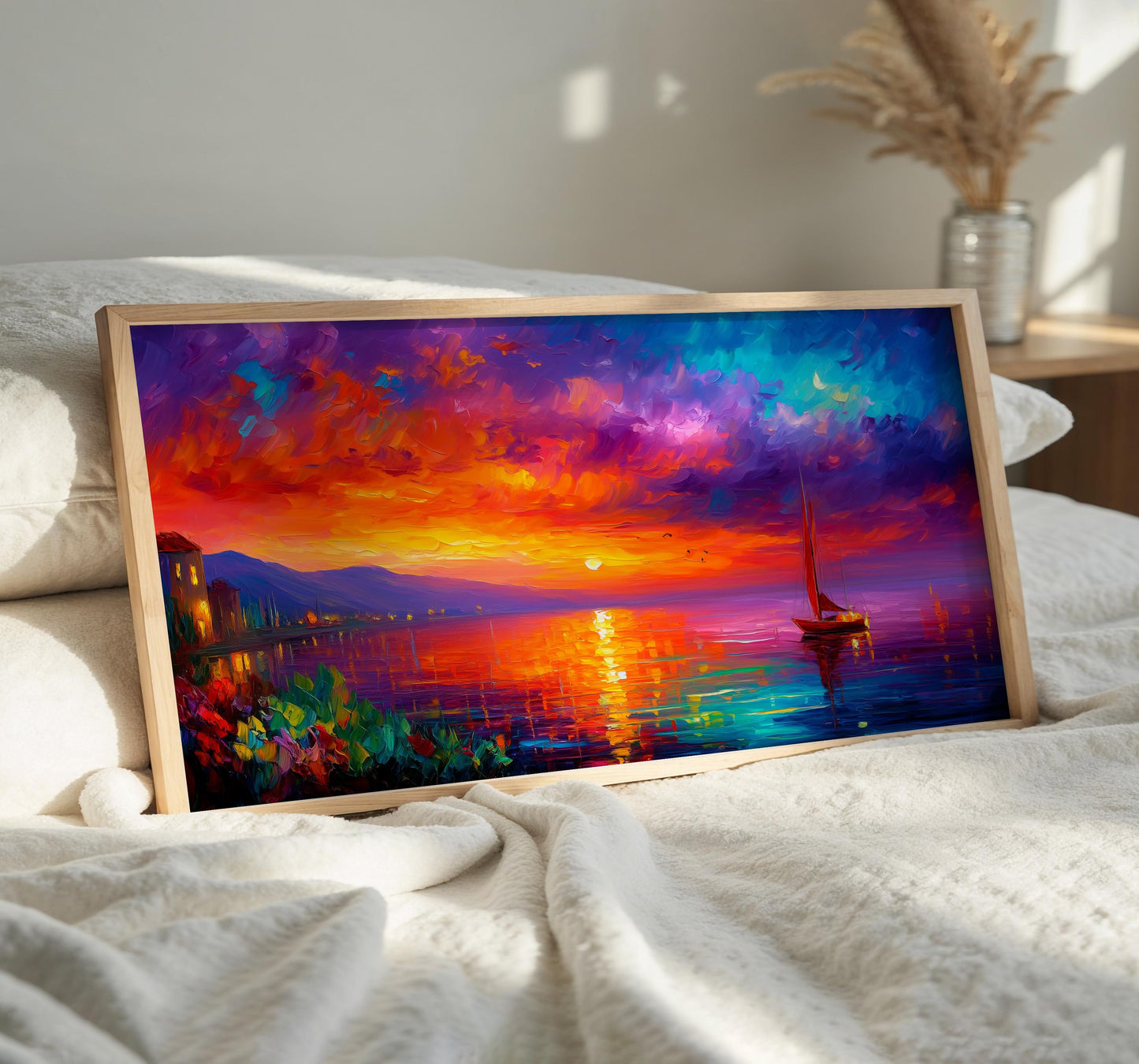Sunset Seascape Art Print, Panoramic Sailboat Wall Art, Colourful Ocean Painting, Coastal Wall Decor