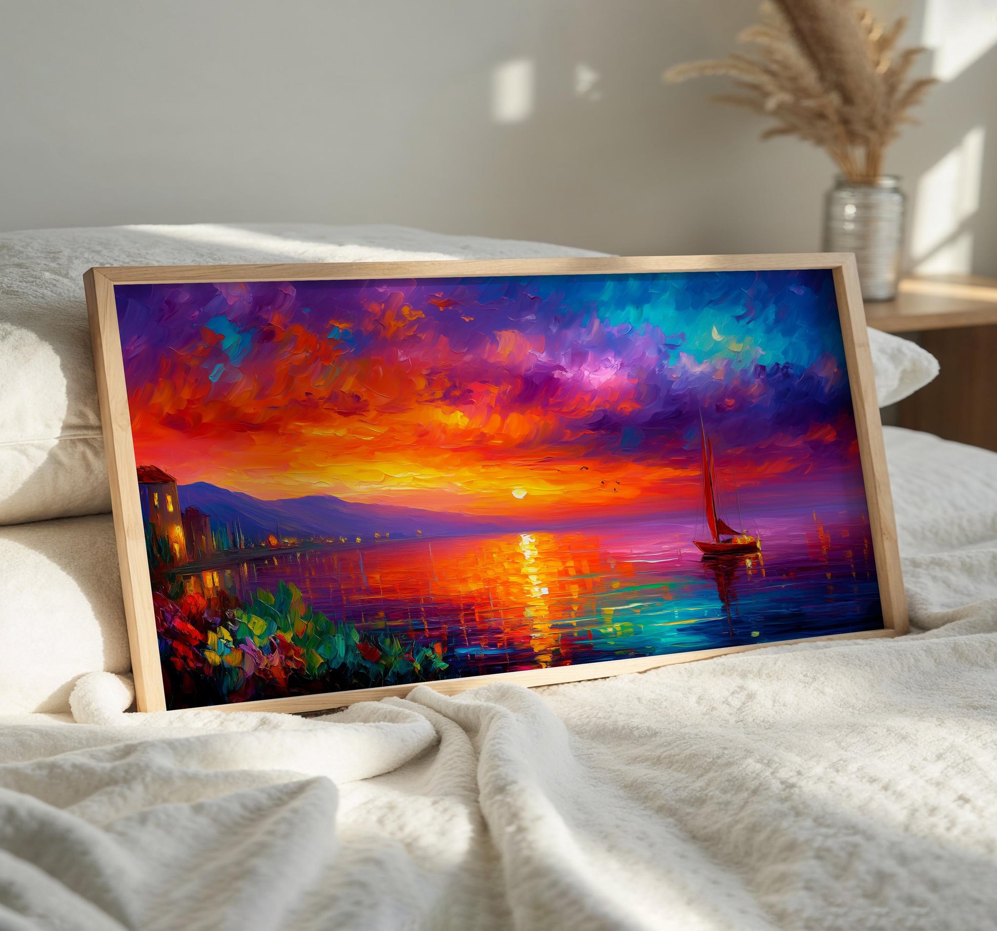 Sunset Seascape Art Print, Panoramic Sailboat Wall Art, Colourful Ocean Painting, Coastal Wall Decor
