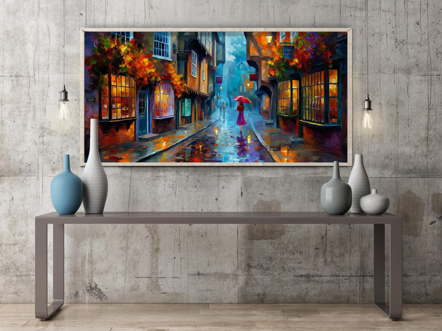 York Shambles Art Print – Rainy York Wall Art – Colourful Umbrella Panoramic Print