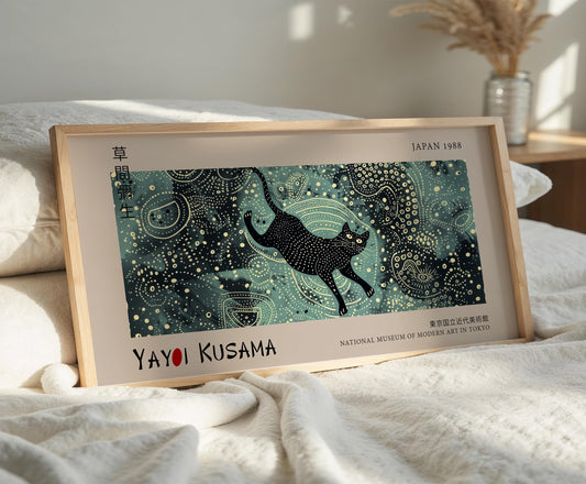 Yayoi Kusama Panoramic Print – Cosmic Night Poster – Japanese Black Cat