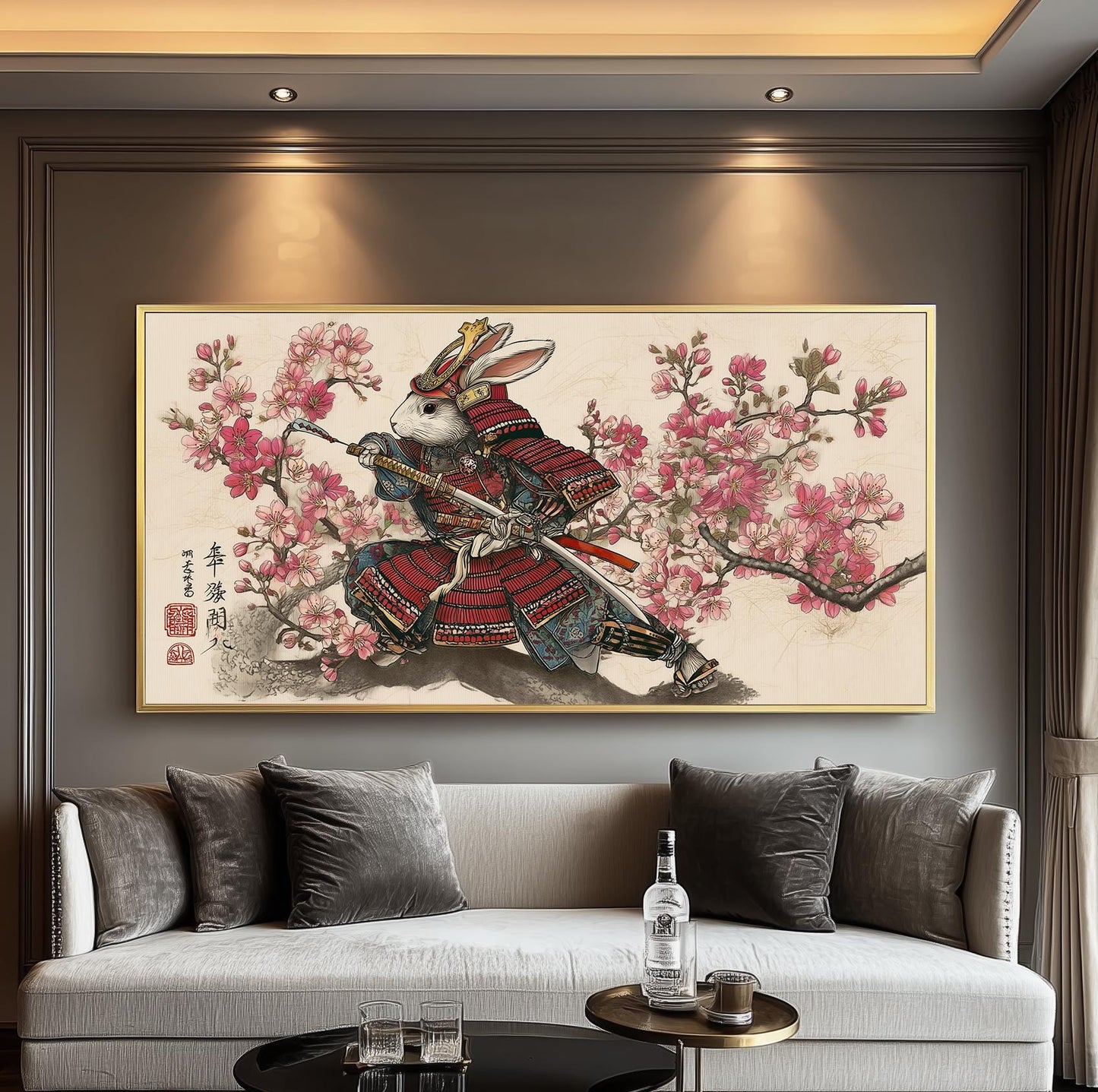 Samurai Rabbit Panoramic Print: Japanese Cherry Blossom Wall Art