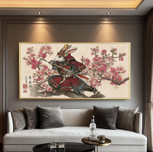Samurai Rabbit Panoramic Print: Japanese Cherry Blossom Wall Art