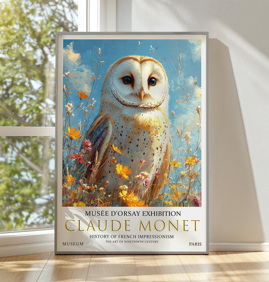 Vintage Barn Owl Poster – Claude Monet Summer Meadow Art