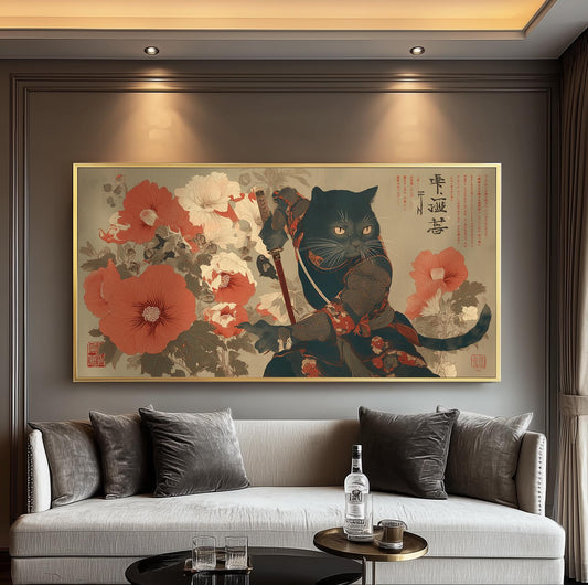 Samurai Cat Art Print: Ukiyo-e Woodblock, Japanese Floral Décor