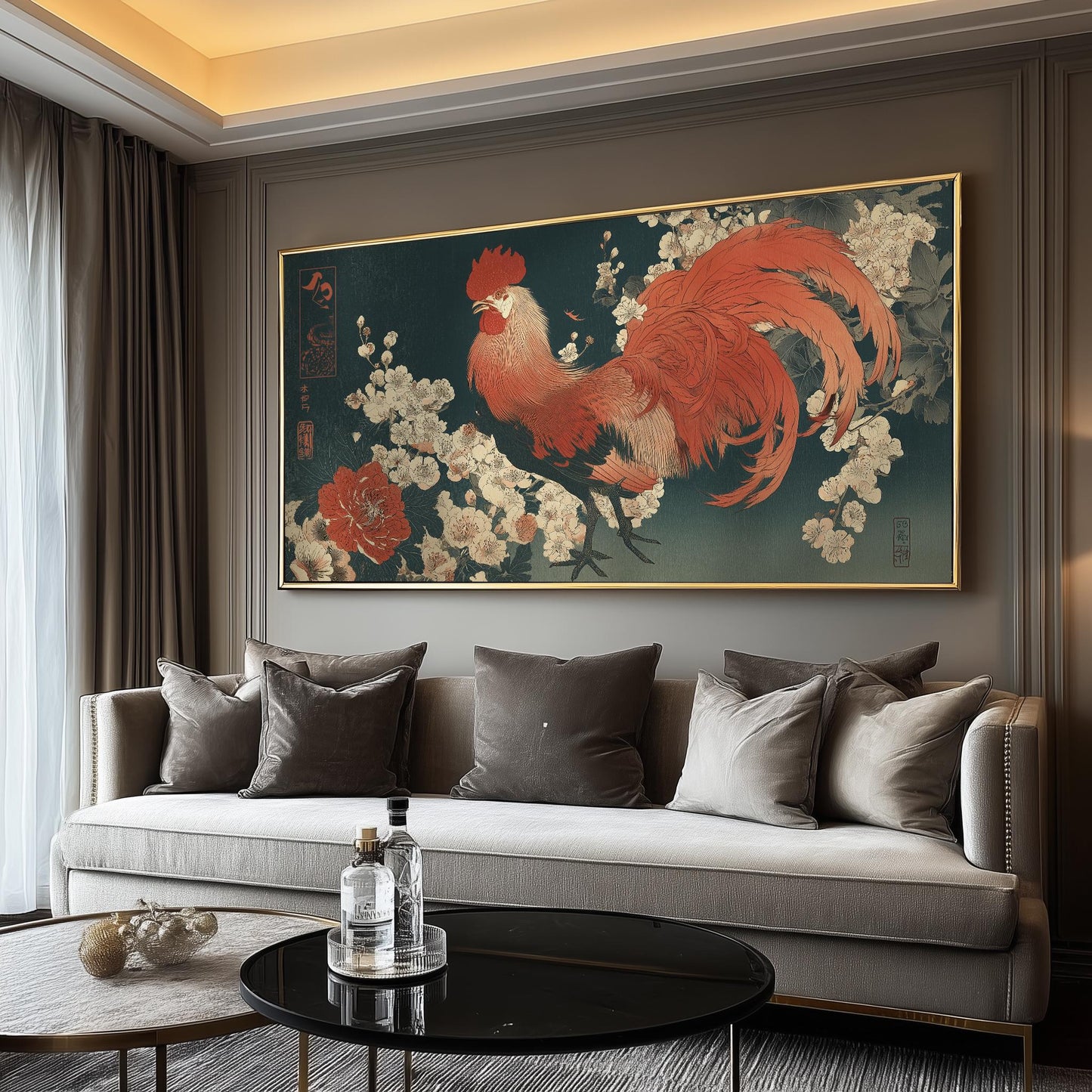 Japanese Rooster Art Print: Ukiyo-e Floral Woodblock Style