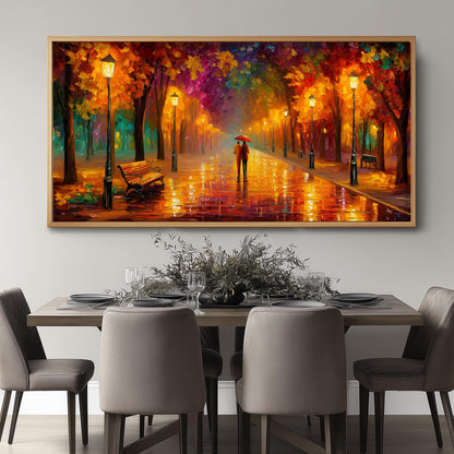 Romantic Umbrella Wall Art – Rainy Autumn Park Print – Panoramic Landscape Art